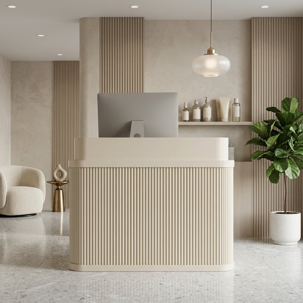 Cream Style Commercial Reception Desk with Carbon Steel Frame & Lockable Drawer | ArvionFurn