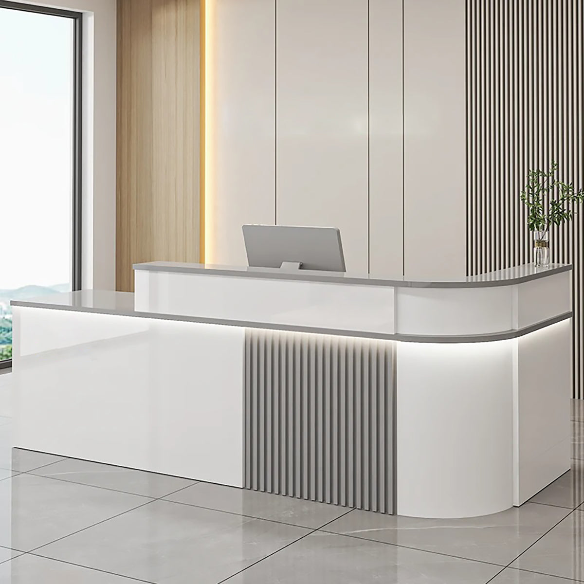 ArvionFurn L-Shaped Lacquer Reception Counter with LED Lighting, 120–420cm, Custom Logo