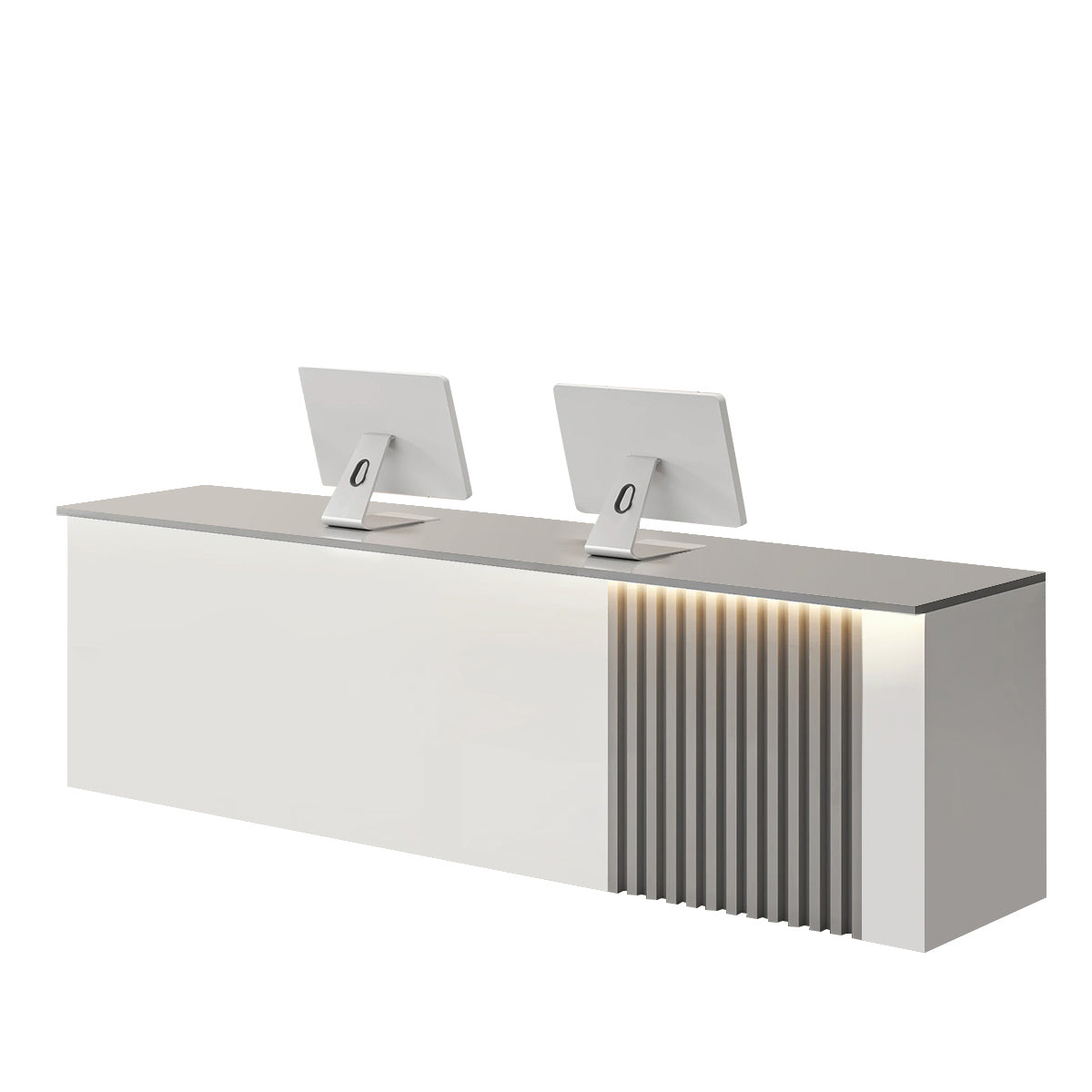 ArvionFurn Slatted Lacquer Reception Counter with LED Ambient Lighting, 120–520cm, Custom Logo