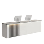 ArvionFurn Slatted Lacquer Reception Counter with LED Ambient Lighting, 120–520cm, Custom Logo