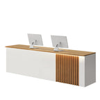 ArvionFurn Slatted Lacquer Reception Counter with LED Ambient Lighting, 120–520cm, Custom Logo